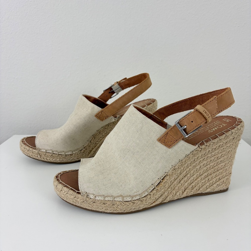 TOMS Monica Oatmeal Linen Tan Leather Espadrille Wedge Sandals Womens 11